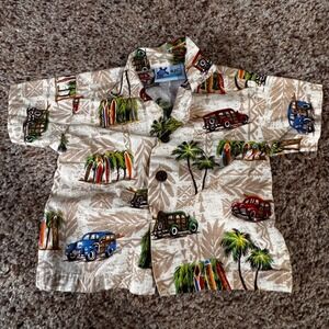 RJC Infant Boys Hawaiian Shirt 12M Tan Woody Car Surfboard Made in Hawaii I1260